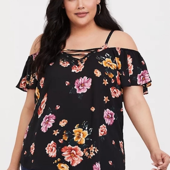 torrid Tops - Torrid Black Floral Cold Shoulder Georgette Top Size 2X